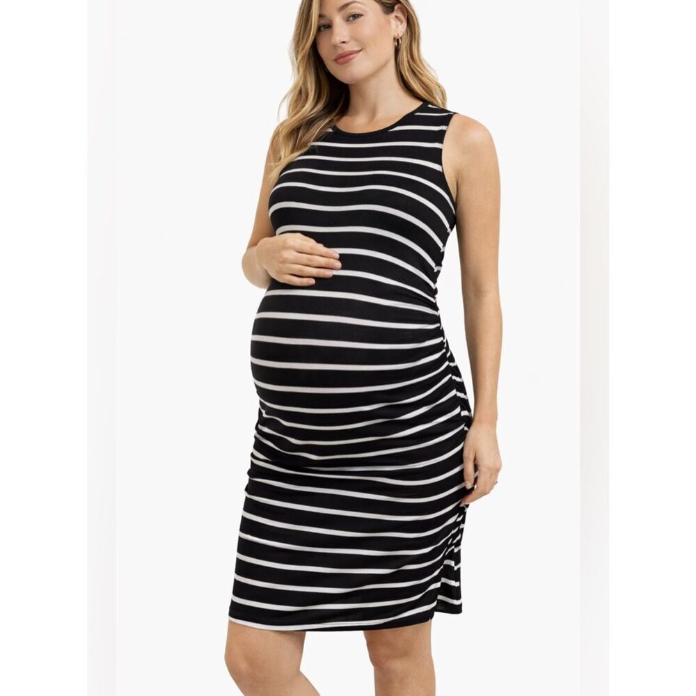 Liz Lange Maternity Black White Striped Sleeveless Dress XL Ruched Side